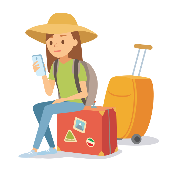 Viajera sentada sobre una maleta con móvil y equipaje – símbolo de página equivocada o desvío